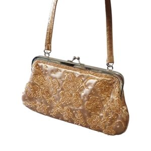 Vintage Gold Satin Evening Bag With Beaded Flowers.
